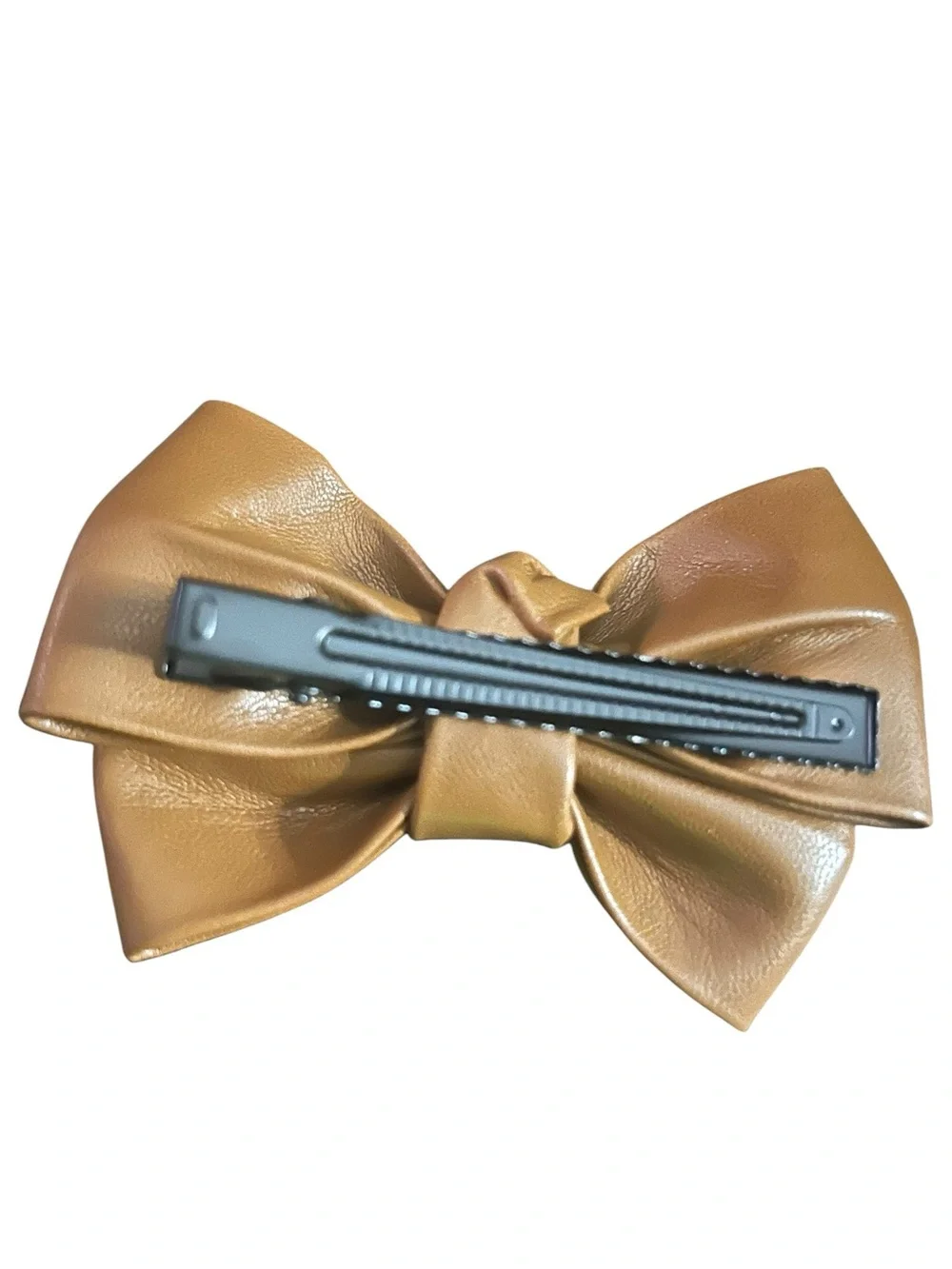 Tan Leather Bow Hair Clip with Logo Plaque